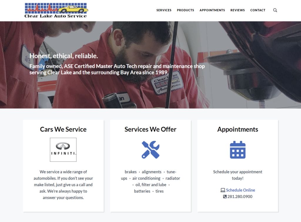 Clear Lake Auto Service Simple Website Home Page